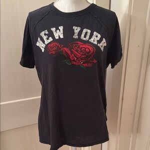 Black New York T-Shirt with Red Rose Design